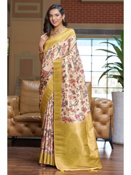 Gahan - Mustard Woven Digital Printed Soft Silk Saree with Unstitched Blouse