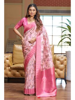 Gahan - Neon Pink Woven Digital Printed Soft Silk Saree with Unstitched Blouse