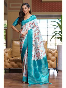 Gahan - Teal Blue Woven Digital Printed Soft Silk Saree with Unstitched Blouse