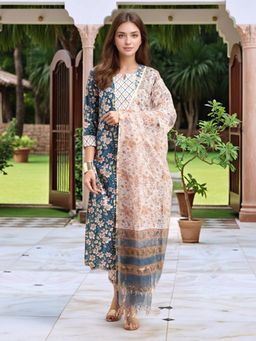 Gahan - Womens Viscose Rayon Straight Printed Kurta with Pant & Dupatta - Blue