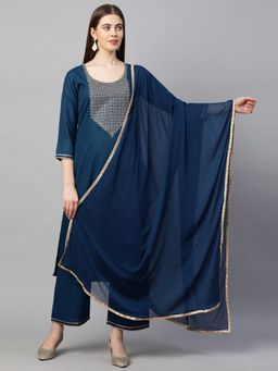 Gahan - Womens Viscose Rayon Straight Printed Kurta with Pant & Dupatta - Blue