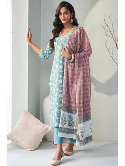 Gahan - Womens Viscose Rayon Straight Printed Kurta with Pant & Dupatta - Green