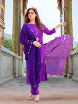 Gahan - Womens Viscose Rayon Straight Printed Kurta with Pant & Dupatta - Purple