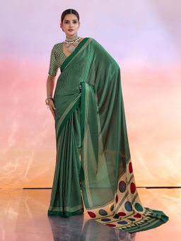 Gahan - Green Striped Satin Saree with Unstitched Blouse