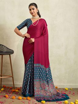 Gahan - Pink & Blue Ajrakh Satin Saree with Unstitched Blouse