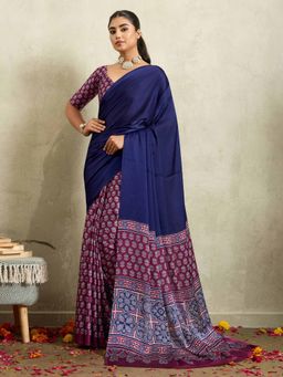 Gahan - Blue & Wine Ajrakh Satin Saree with Unstitched Blouse