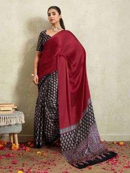 Gahan - Red & Black Ajrakh Satin Saree with Unstitched Blouse