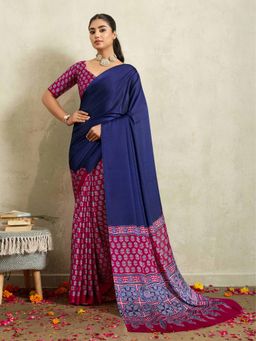 Gahan - Blue & Pink Ajrakh Satin Saree with Unstitched Blouse
