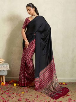 Gahan - Black & Red Ajrakh Satin Saree with Unstitched Blouse