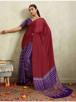 Gahan - Red & Purple Ajrakh Satin Saree with Unstitched Blouse