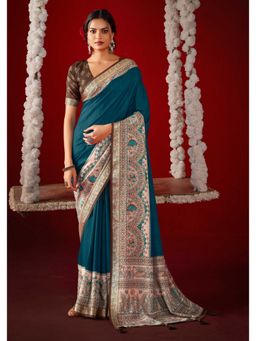 Gahan - Teal Kalamkari Printed Velvet Tussar Silk Saree with Unstitched Blouse