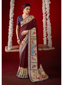 Gahan - Brown Kalamkari Printed Velvet Tussar Silk Saree with Unstitched Blouse