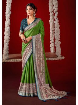 Gahan - Green Kalamkari Printed Velvet Tussar Silk Saree with Unstitched Blouse
