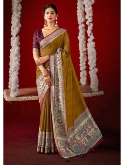 Gahan - Mustard Kalamkari Printed Velvet Tussar Silk Saree with Unstitched Blouse
