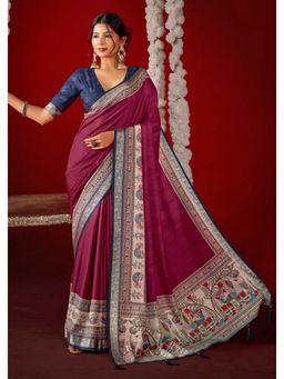 Gahan - Pink Kalamkari Printed Velvet Tussar Silk Saree with Unstitched Blouse