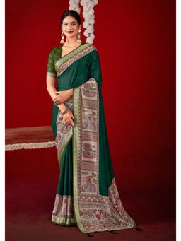 Gahan - Green Kalamkari Printed Velvet Tussar Silk Saree with Unstitched Blouse