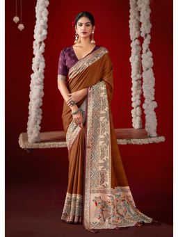 Gahan - Brown Kalamkari Printed Velvet Tussar Silk Saree with Unstitched Blouse