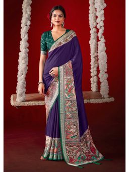 Gahan - Purple Kalamkari Printed Velvet Tussar Silk Saree with Unstitched Blouse