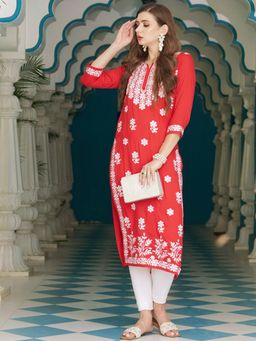 Gahan - Womens Viscose Rayon Straight Embroidered Kurta with Pant - Red