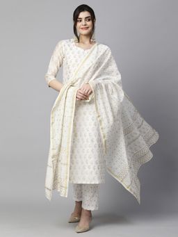 Gahan - Womens Viscose Rayon Straight Printed Kurta with Pant & Dupatta - Cream