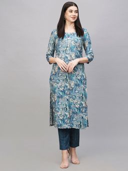Gahan - Womens Viscose Rayon Straight Printed Kurta with Pant - Blue