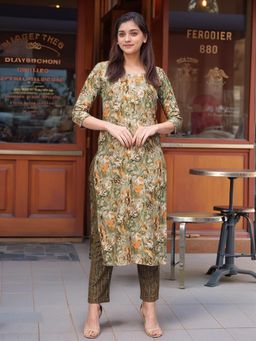Gahan - Womens Viscose Rayon Straight Printed Kurta with Pant - Green