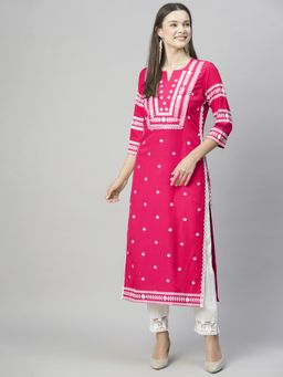 Gahan - Womens Viscose Rayon Straight Embroidered Kurta with Pant - Pink