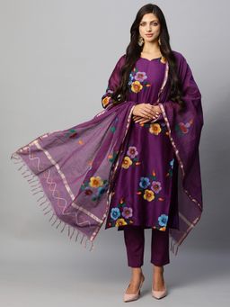 Gahan - Womens Viscose Rayon Straight Printed Kurta with Pant & Dupatta - Purple