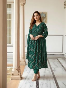 Gahan - Womens Viscose Rayon Anarkali Printed Kurta with Pant & Dupatta - Green