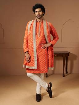 Vastramay - Men Orange Viscose Ethnic Motifs Dupatta with Lace Border