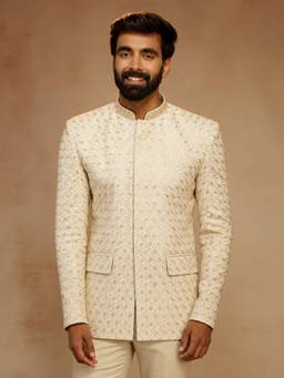Vastramay - Mens Off-White Rayon Embroidered Sequin Bandhgala Jodhpuri