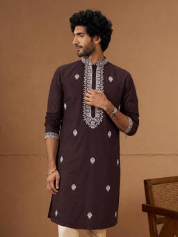 Vastramay - Mens Wine Silk Embroidered Knee Length Kurta