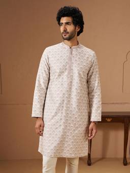 Vastramay - Mens Off-White Silk Blend Knee Length Kurta