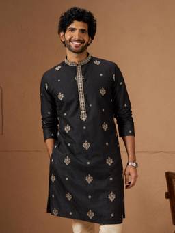 Vastramay - Mens Black Silk Blend Zari Embroidered Knee Length Kurta