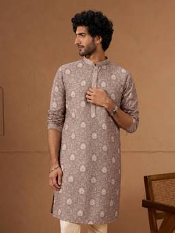 Vastramay - Mens Grey Rayon Digital Print Knee Length Kurta