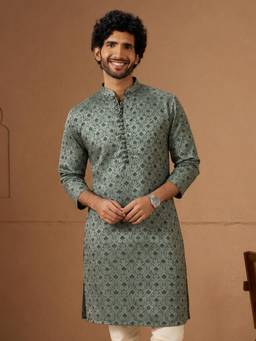 Vastramay - Mens Green Silk Blend Self Design Knee Length Kurta