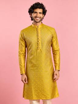 Vastramay - Mens Yellow Silk Blend Self Design Knee Length Kurta