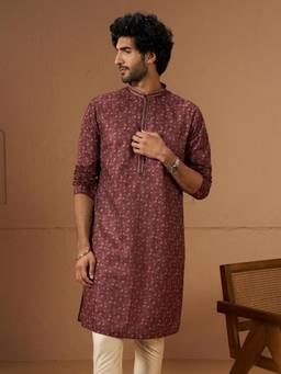 Vastramay - Mens Maroon Cotton Blend Digital Print Knee Length Kurta