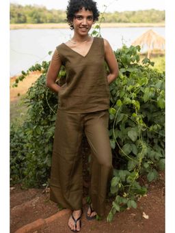 Creatures of Habit - Linen V-Neck Co-Ord- Olive Green (Set of 2)