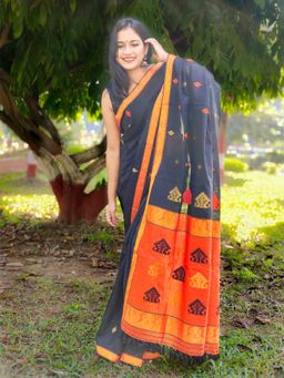 APAAPI THREADS OF GLORY - Navy Blue Assam Cotton Saree with Unstitched Blouse Piece (Set Of 2)