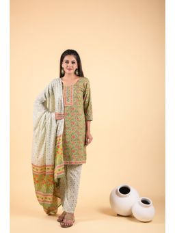 Anastay Clothing - Asparagus Green And Cotton Multi-printed Suit Set (Set of 3)