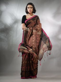 CHARUKRITI - Copper Tissue Handwoven Soft Saree with Texture Designs & Unstitched Blouse