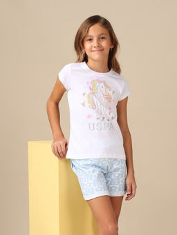 U.S. POLO ASSN. - Girls White Brand Printed Regular Fit T-shirt