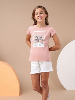 U.S. POLO ASSN. - Girls Pink Printed Regular Fit T-shirt