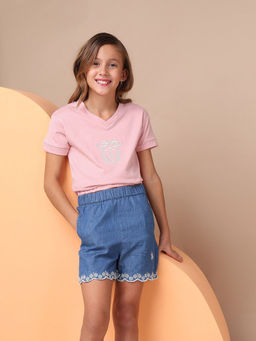 U.S. POLO ASSN. - Girls Pink Crest Embroidered Cotton T-shirt