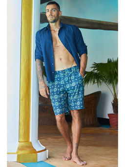 Okhai - Centered' Pure Cotton Ajrakh Blue Short