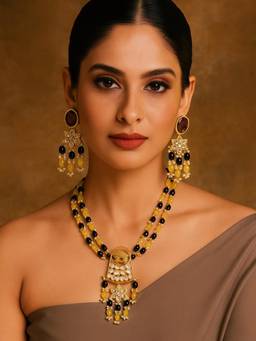 Digital Dress Room - Elephant Pendant Black/Lemon Beads and Pearl Mala Necklace Set