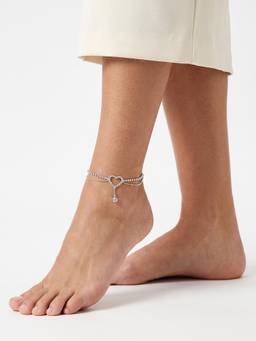 Carlton London - Silver Plated Cz Studded Heart and Dangling Solitaire Layered Anklet