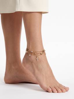 Carlton London - Rose Gold Plated Heart Solitaire and Cz Studded Cross Layered Anklet