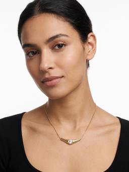 Carlton London - Gold Plated Curved Solitaire Studded Bar Pendant and Snake Chain